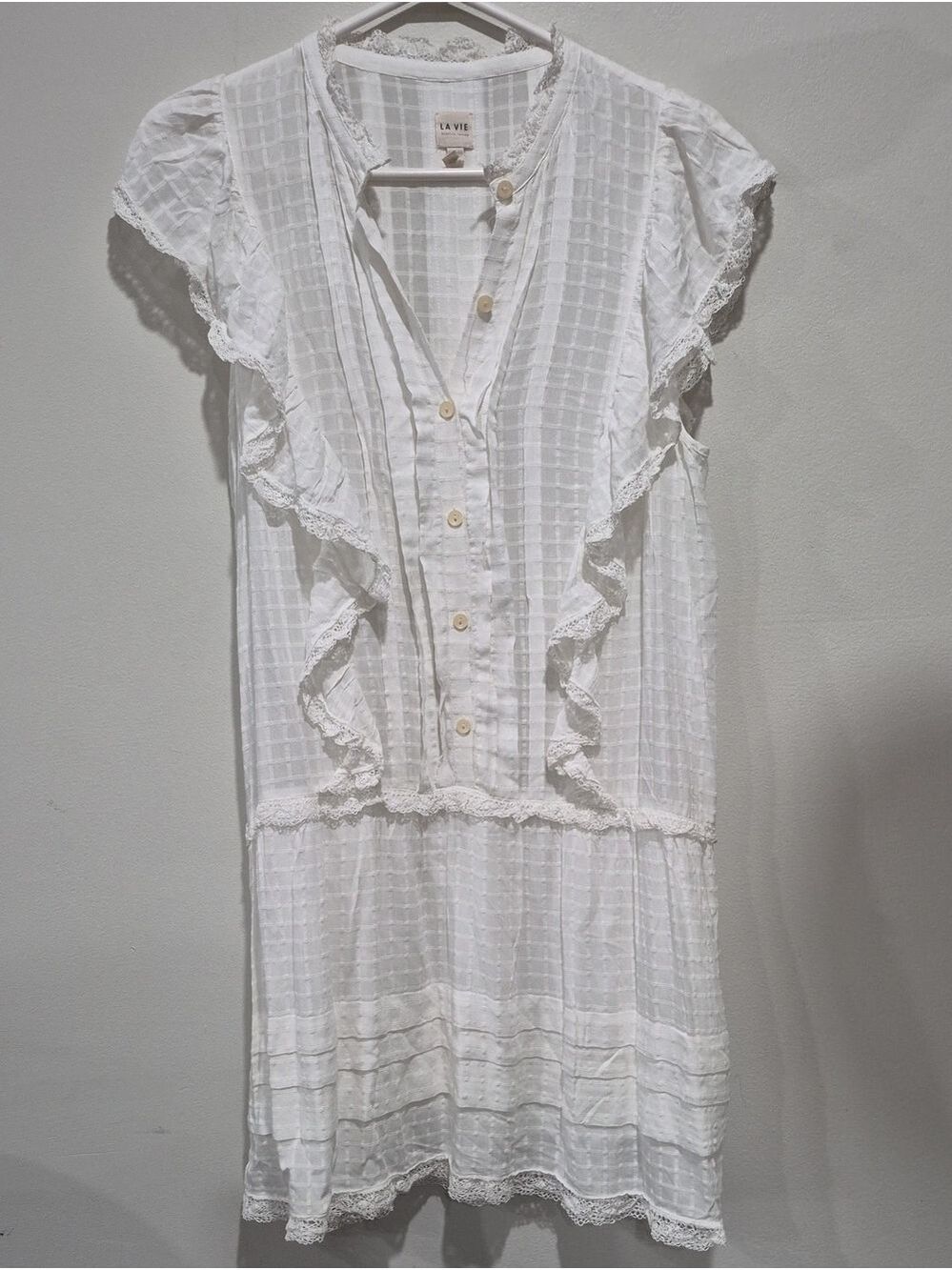 La Vie Rebecca Taylor White Cotton Lace Trim Ruffle Boho Mini Dress XS